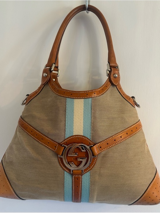 GUCCI GG Rains Hobo Canvas Leather Beige Blue Stripe Jackie Silver Hardware Rein - Picture 9 of 12